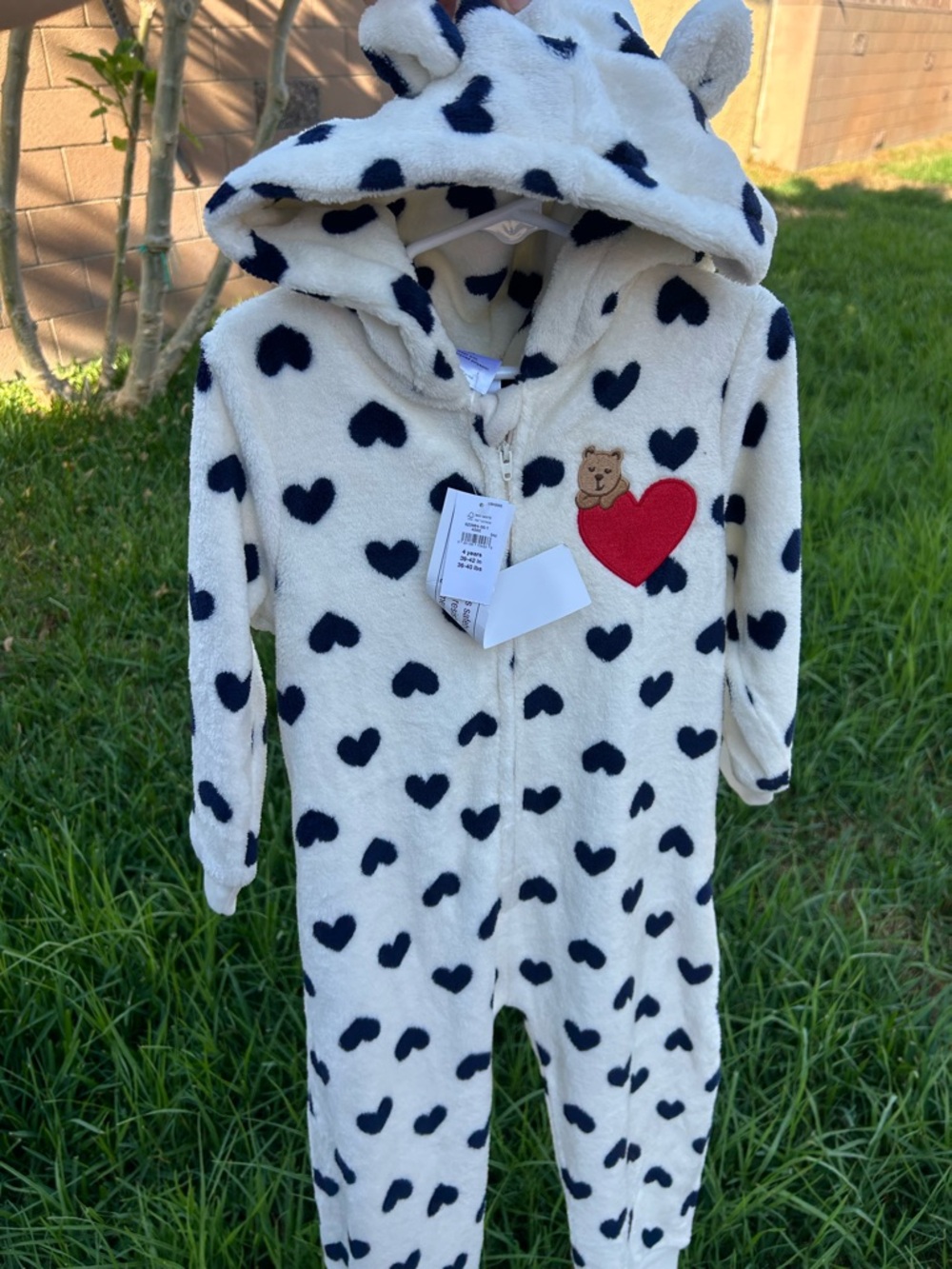 GAP Cream Fleece Hooded One-Piece with Black Heart Print & Patch